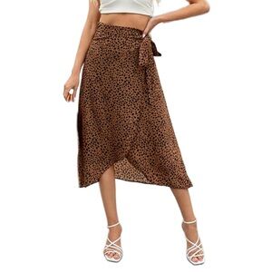 Brown Leopard Belted Tie Around Wrap Skirt With A High Low Hemline & Slit.